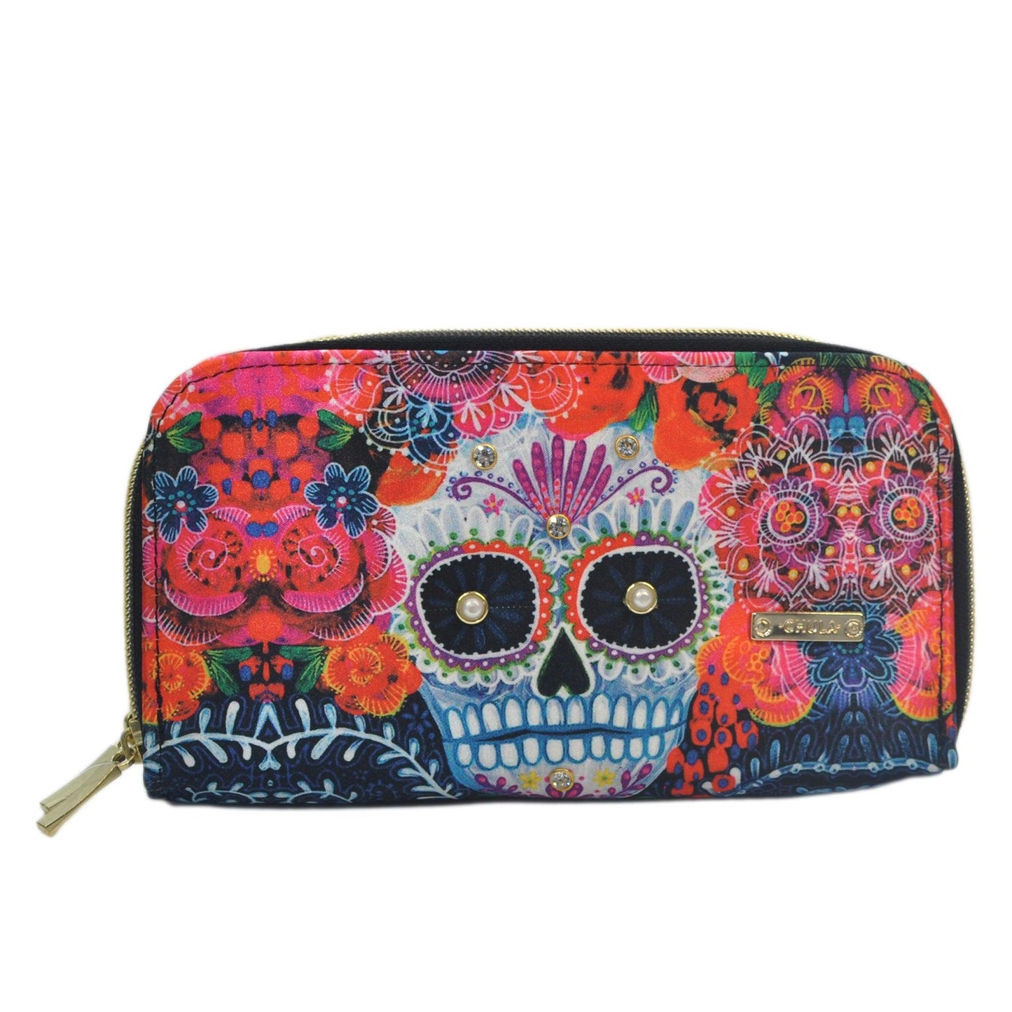 Billetera grande de mujer con doble cremallera Red Calaveras | CHULA Tulum - CHULA Tulum