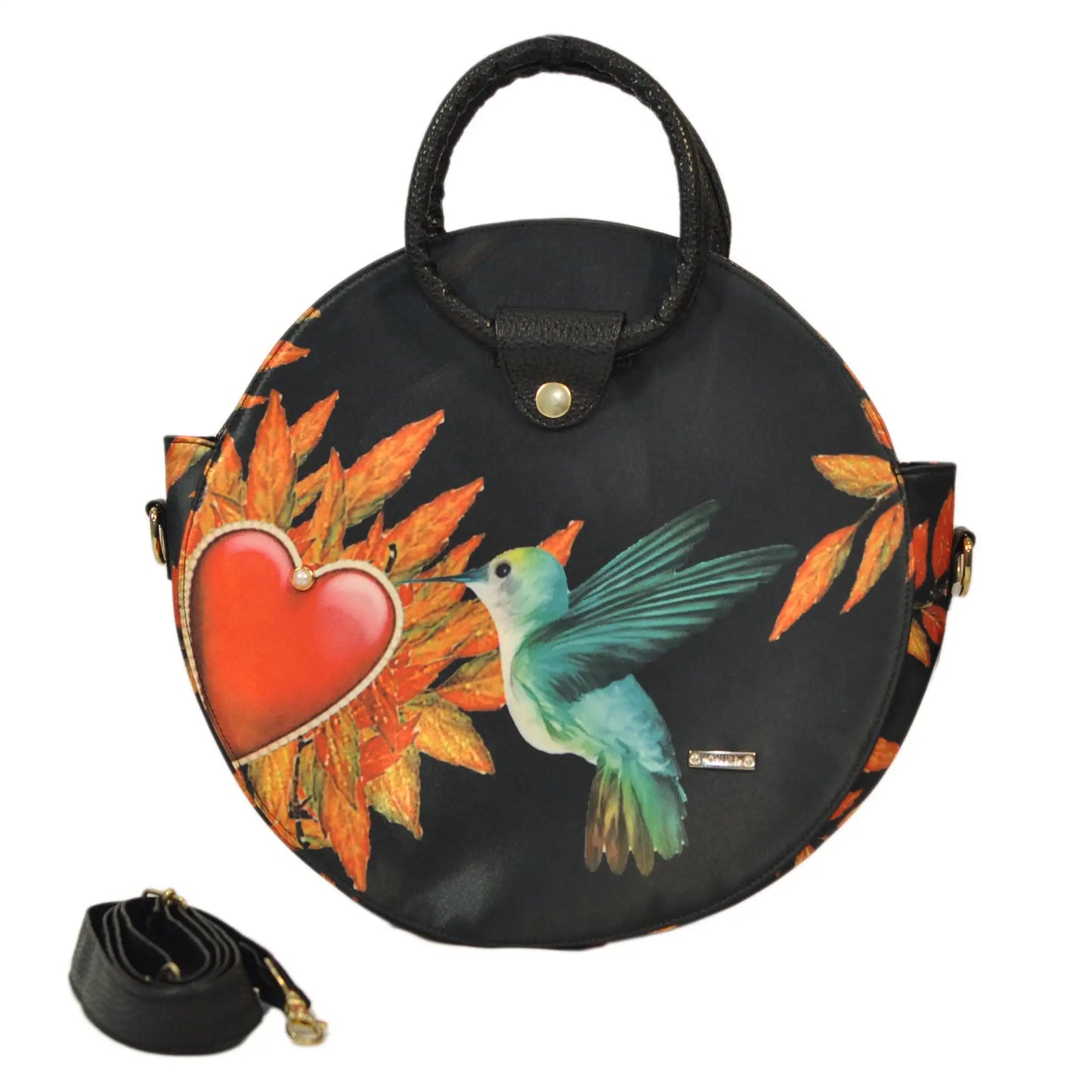 Bolso de mano y bandolera mediana de mujer circular regalo original Anabel Colibrí Corazón | CHULA Tulum