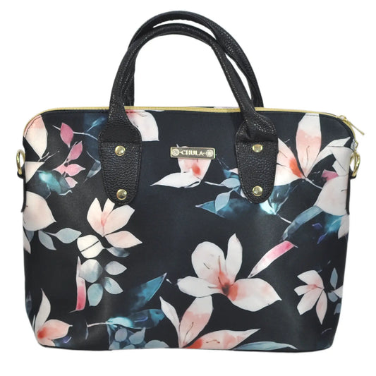 Bolso de mano y bandolera grande Lucia Flor Negro Beige | CHULA Tulum