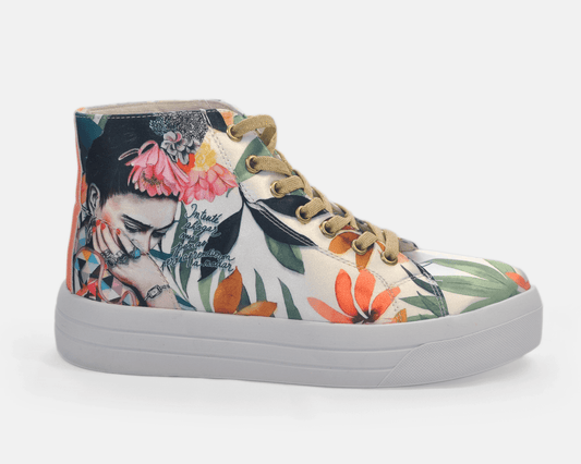 Botas Urbanas Altas de Mujer Frida Kahlo Hojas y Flores - Cuero Vegano | CHULA Tulum - CHULA Tulum