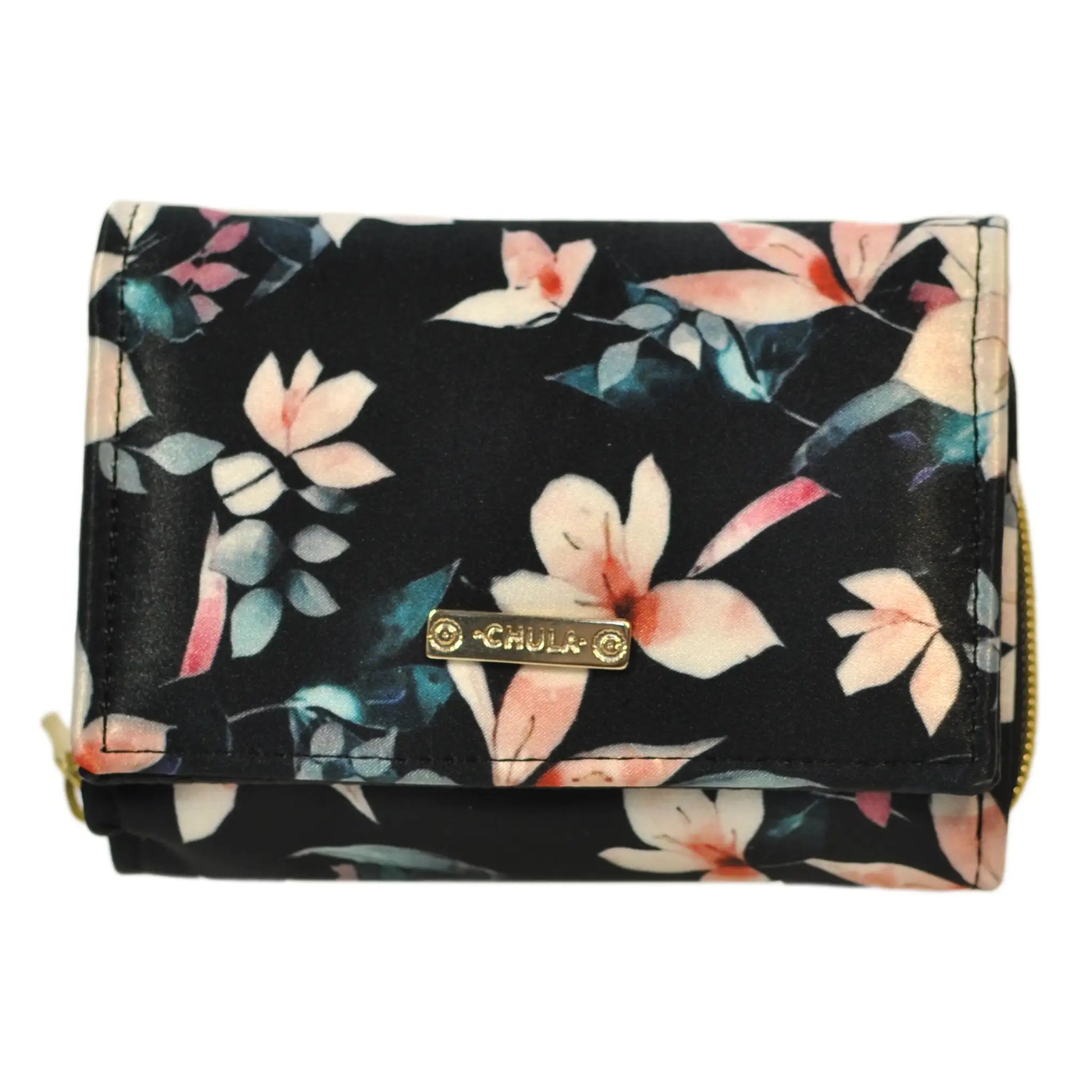 Cartera Mediana para Mujer Dalia Flor Negro Beige Cuero Vegano | CHULA Tulum